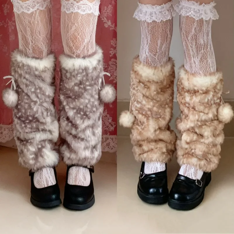 

Christmas Faux Fur Plush Lace Winter Hat Leg Warmers Performance Costume Reindeer Furry Boots Socks Cover Thicken New Year Gifts