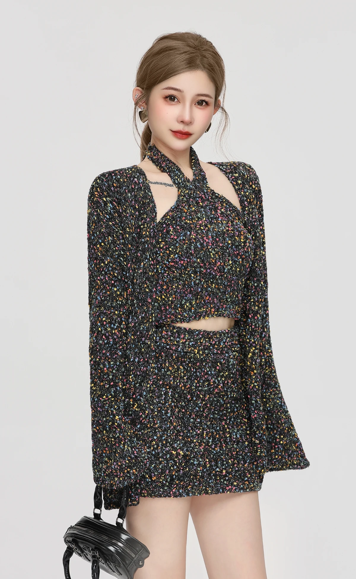 2025 خريف شتاء جديد Hot البيع الوردي الرسن الرقبة تانك القمم Bodycon تنورة قصيرة سترة سوداء سترة ثلاث قطع مجموعة