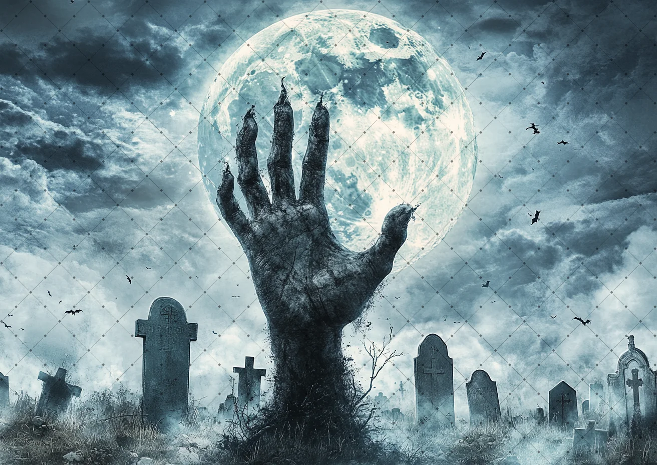 Horror Graveyard Halloween Backdrop Zombie Hand Ancient Tombstone Giant Full Moon Sky Flying Bat Spooky Night Party Background