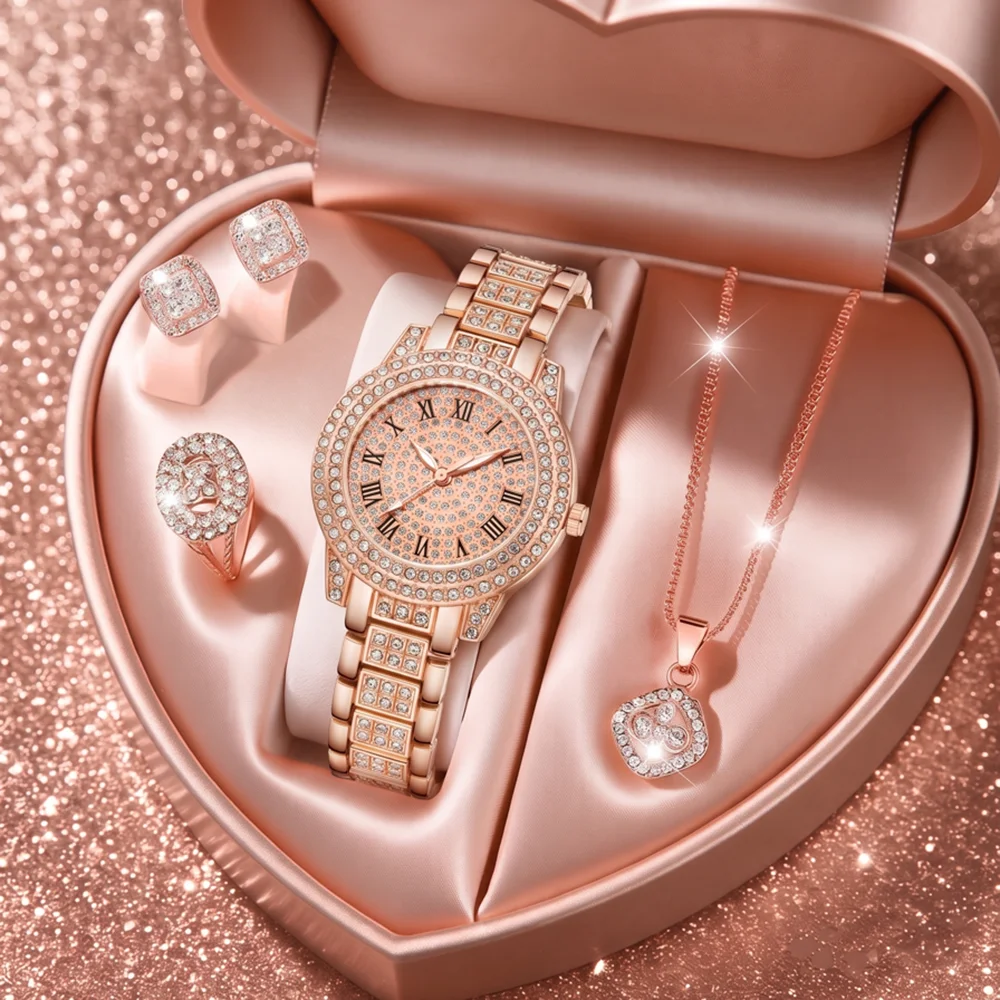 5Pcs/Set Unisex Jewelry Watches Women's Wristwatch Accessories Rose Gold Fashion Business Elegant Classic Exquisite Vintage Light Luxury Rhinestone Luxury Bracelet Watch Set Y2K Suitable for Travel, Vacation, Parties, Daily Outfits, and Our Holiday Gifts