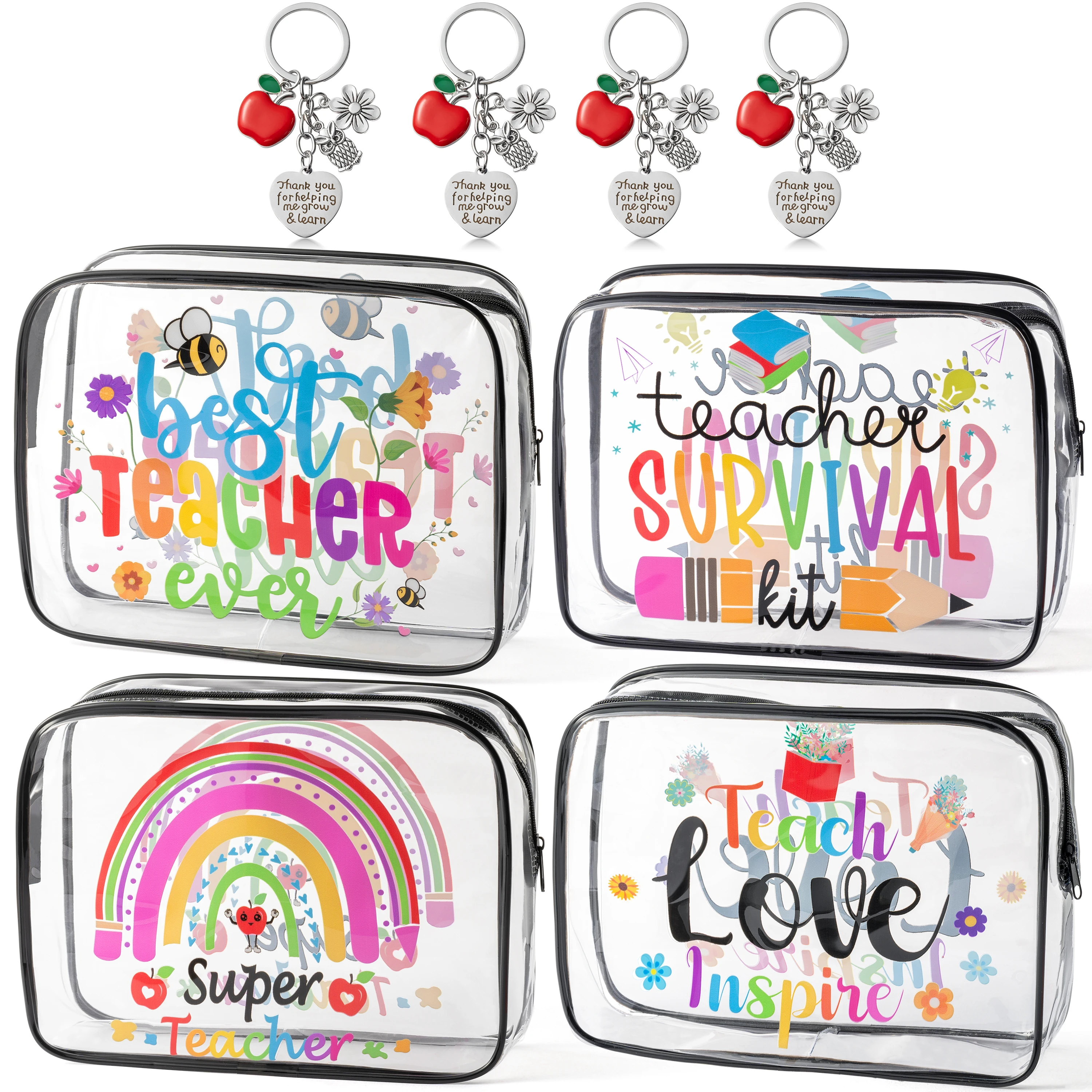 8Pcs Best Teacher Transparent Makeup Bag With Key Chain Modern Waterproof PVC Cosmetic Bag Decor for Teacher’s Day Anniversary