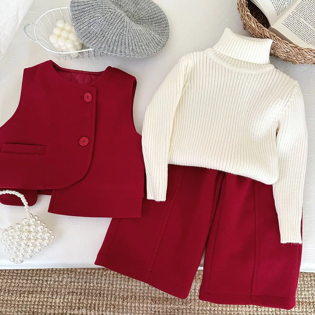 Winter Elegance Fashion Girls Sweet Casual Kids Princess Red Thick Waistcoat+Turtleneck sweater Pants Children Casual 3Pcs Set