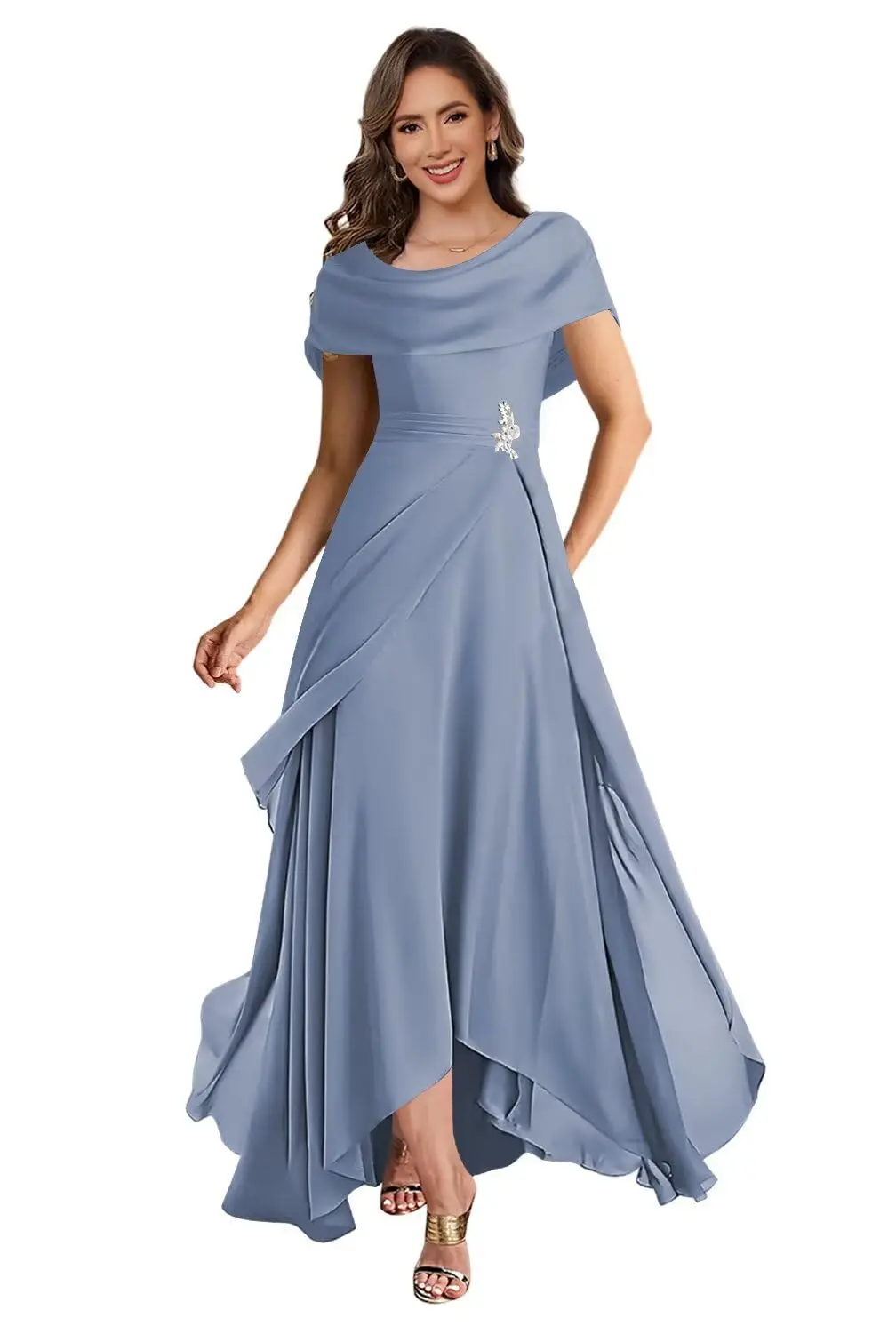 

Women's Chiffon Mother of The Bride Dresses Long for Wedding Cape Sleeves Ruffles Formal Evening Gown