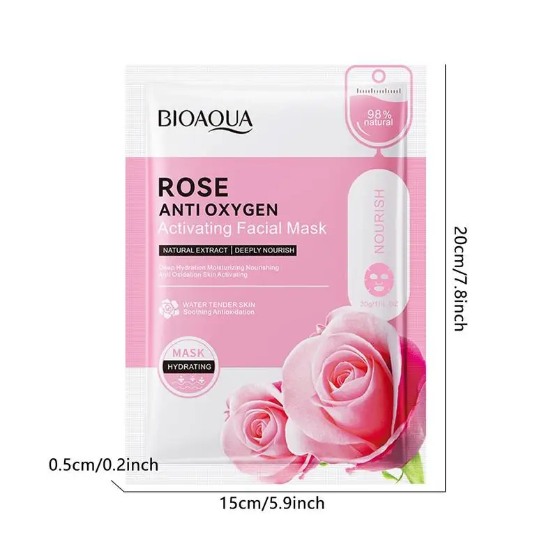 Lençol Facial Rosa Natural para Hidratação e Nutrição, Cuidado da Pele Descascante, Máscara Facial com Extratos de Rosa