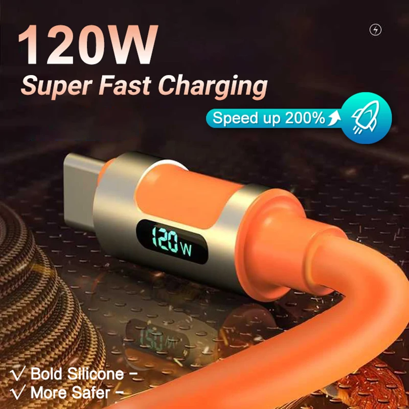 120W USBC Fast Charging Cable Metal USB Protection Charge Cable USB A to TypeC Quick Charging USB C Bold Silicone Charge Cable