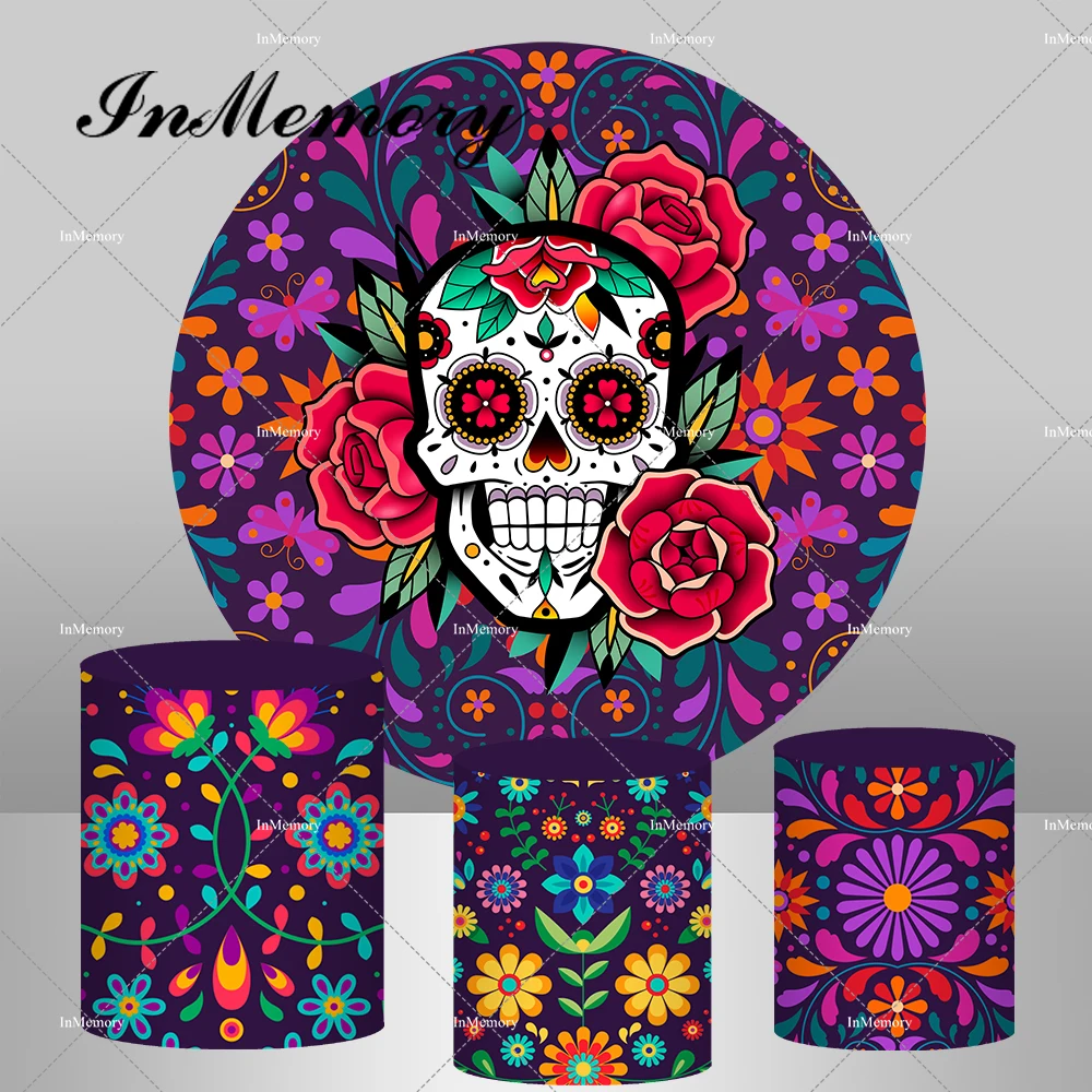 Mexican Day of The Dead Round Backdrop Dia DE Los Muertos Background Fiesta Sugar Skull Photography Pedestal Covers Elastic