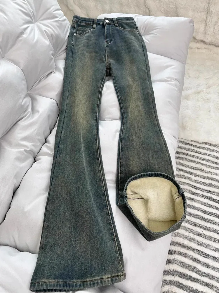 Retro azul Fce forrado Thiened Micro pantalones vaqueros acampanados mujer primavera otoño talla grande ocultar cadera adelgazante Bell Bot