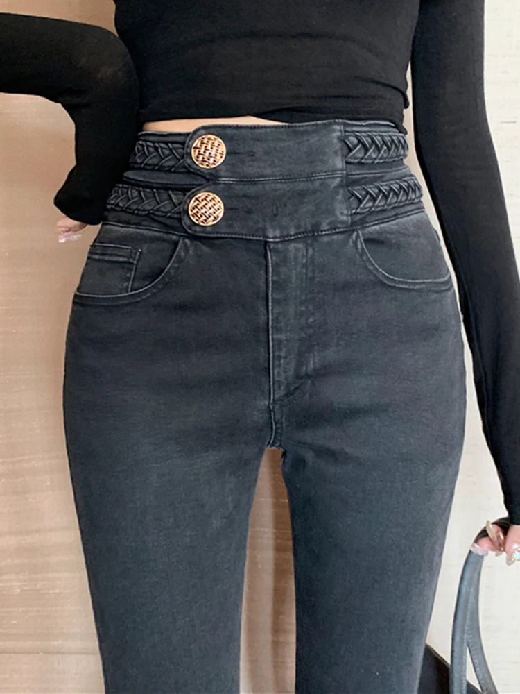 Stretch Slim-Fit Sheath Jeans High Waist Korean Fashion Double Waist Denim Pants Female 2024 New Trousers Washed Jeans Vintage