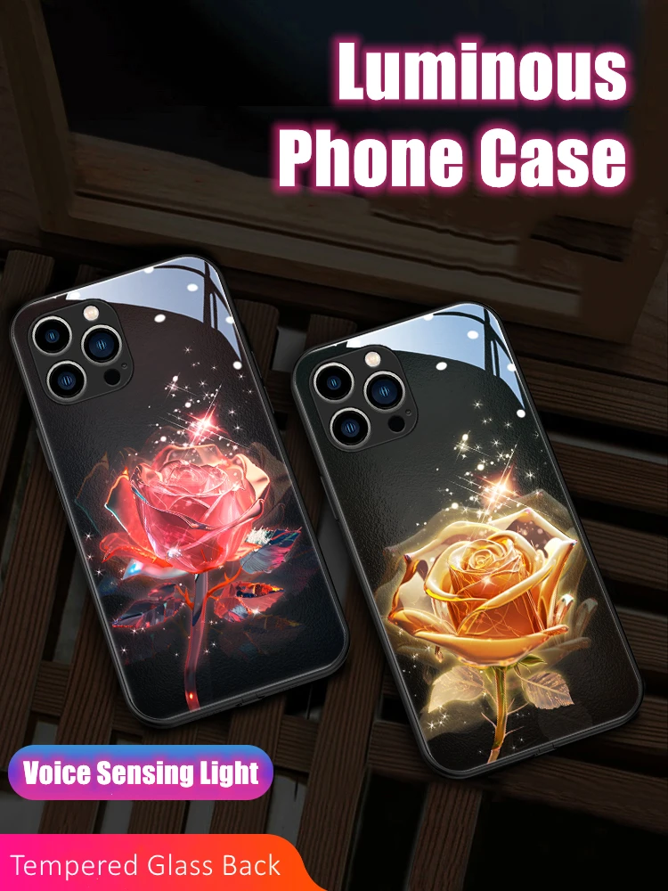 Lovers Rose Valentine's Day Gift LED Light Glowing Luminous Phone Case for iPhone 11 12 13 14 15 X Xs Xr Mini Pro Max Plus Cover