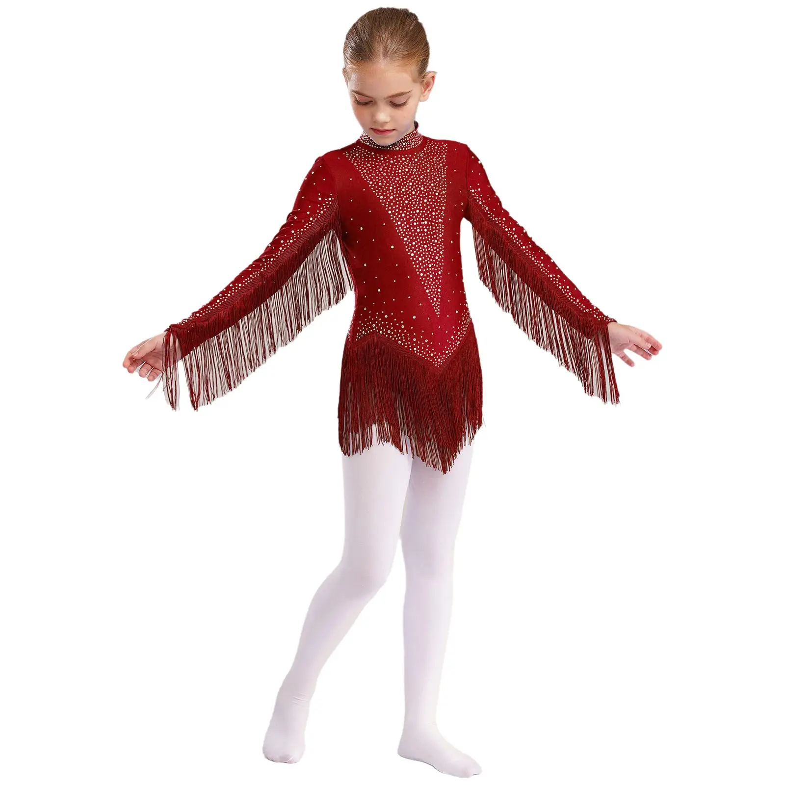 Girls Tassels Latin Dance Leotard Figure Skating Gymnastics Cha-Cha Tango Performance Costume Long Sleeve Rhinestones Jumpsuit