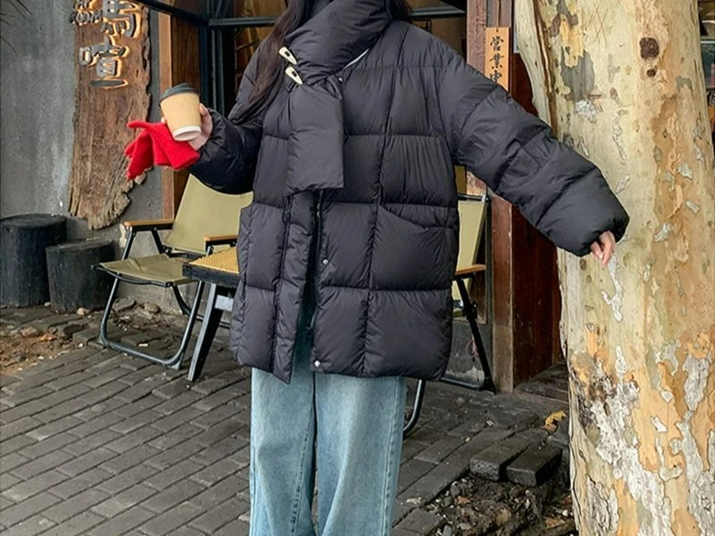 

2025 New Horn Buckle Thickened Winter Scarf Collar Cotton Dress Female Student Loose Coat