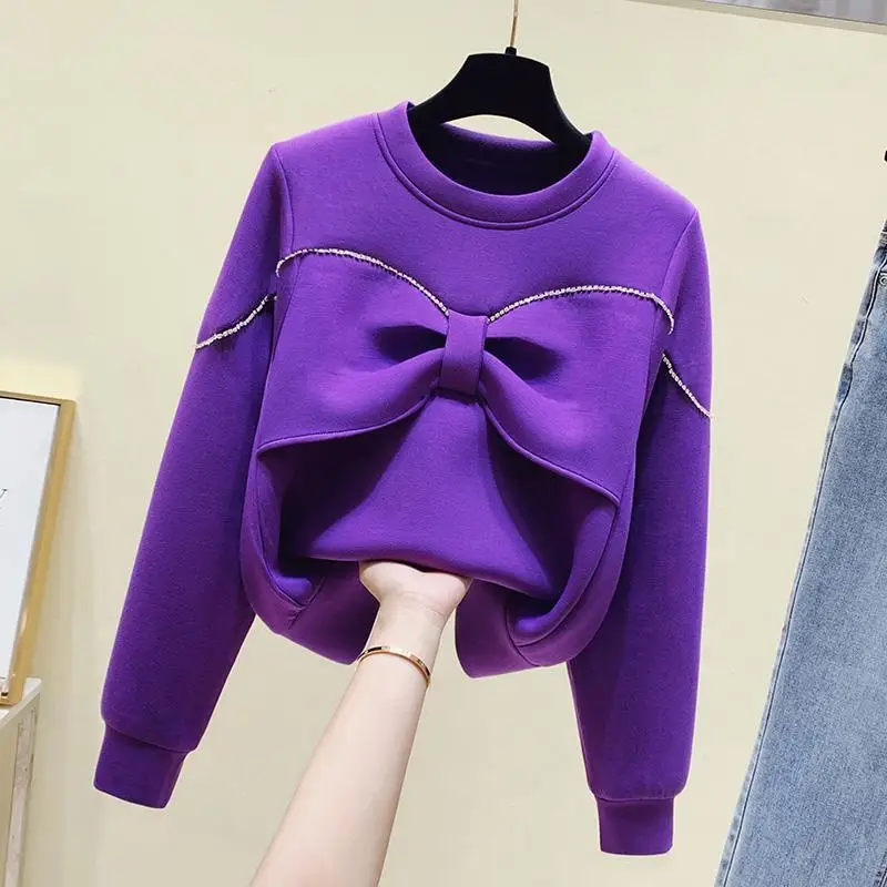 2024 Autumn and Winter New Round Neck with Diamonds Fashion Bow Loose Cotton Sweater Sweatshirts Women Clothing Tops