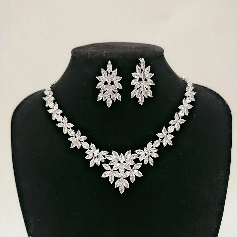 

Luxury Bridal Jewelry Sets For Women Cubic Zirconia CZ Sliver Ladies Necklace And Earring For Wedding Bride Prom Party Jewellery