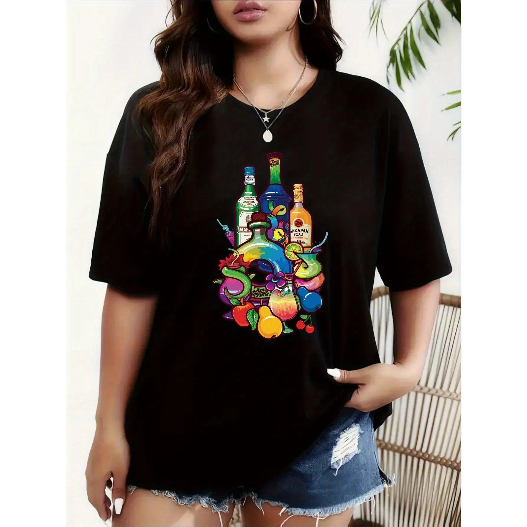 

Women's 100% Cotton Breathable Casual Short Sleeve Round Neck T-Shirt - Vibrant Alcohol & Fruit Graphic Print, Black Colorful