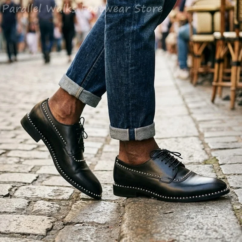 Sartorial Men Derby Shoes Black Smooth Leather Pointed Toe Conical Studs Rivets Lace Up Office Party Elegant Tuxedo Dress Shoes