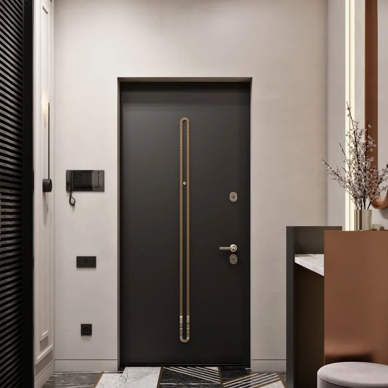 Security Door, Modern Residential Entrance, External Front Door, Durable Main Door, Metal Panels, Villa Use, Rugged Construction