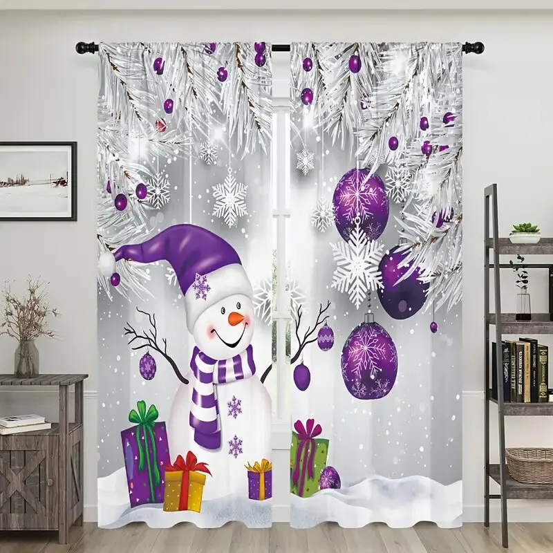 2 Pieces - Christmas Curtains: Christmas snowman with purple decorative printed curtains, home decoration, room decoration