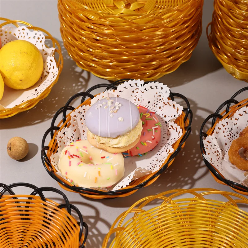 Imitation Rattan Fruit Basket Indian Flying Cake Snack Basket Fruit Tray Food Storage Round Woven Bread Basket for Home Kitchen