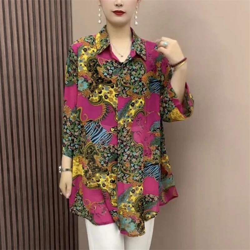 Women\'s Vintage Ethnic Style Button Cardigan Shirt Fashion Print Long Sleeve Oversized Blouse Ladies Casual Irregular Tunic Tops