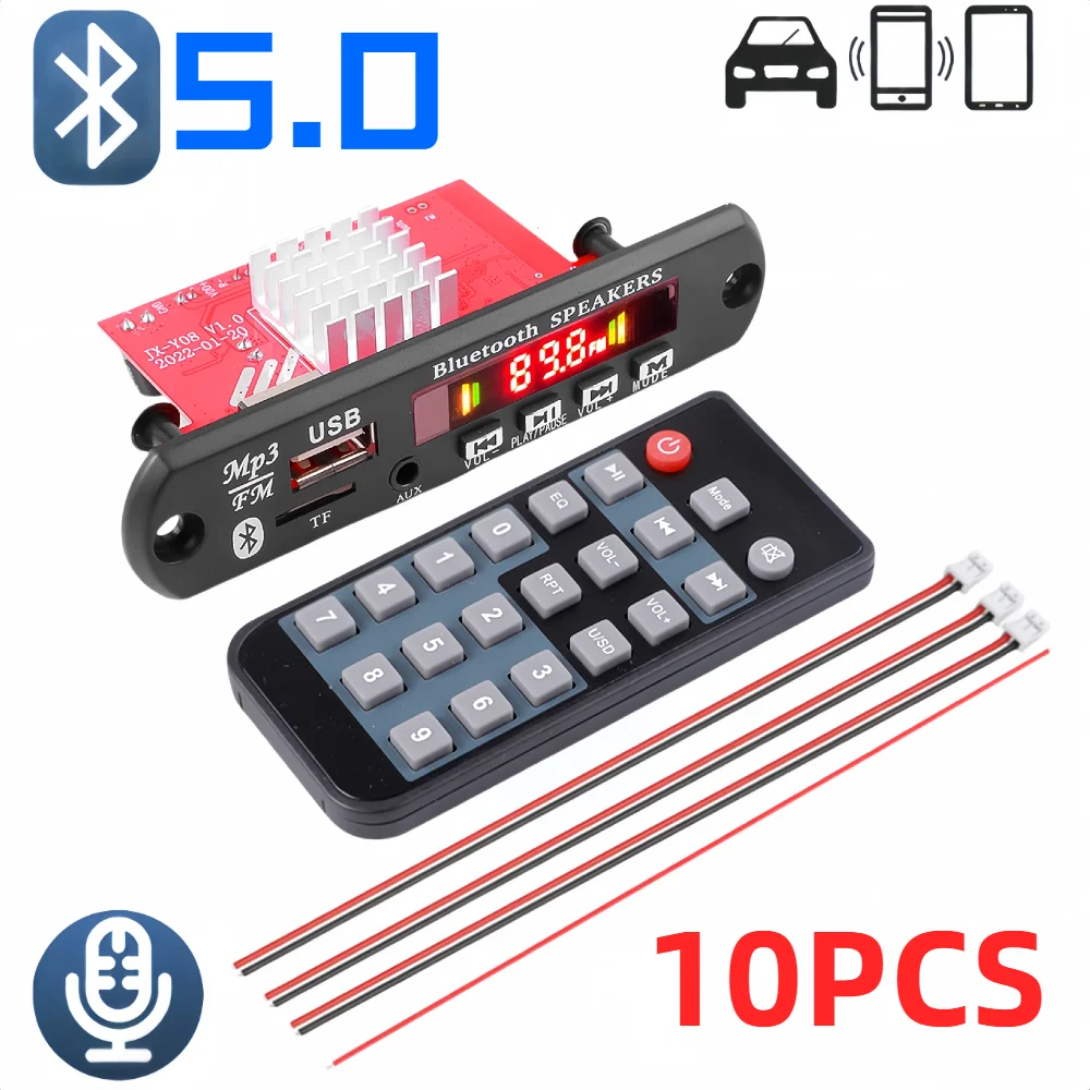 10PCS 120W Amplifier Bluetooth 5.0 DIY MP3 WAV Decoder Board DC 12V Wireless Car USB MP3 Player TF Card Slot USB FM with Mic