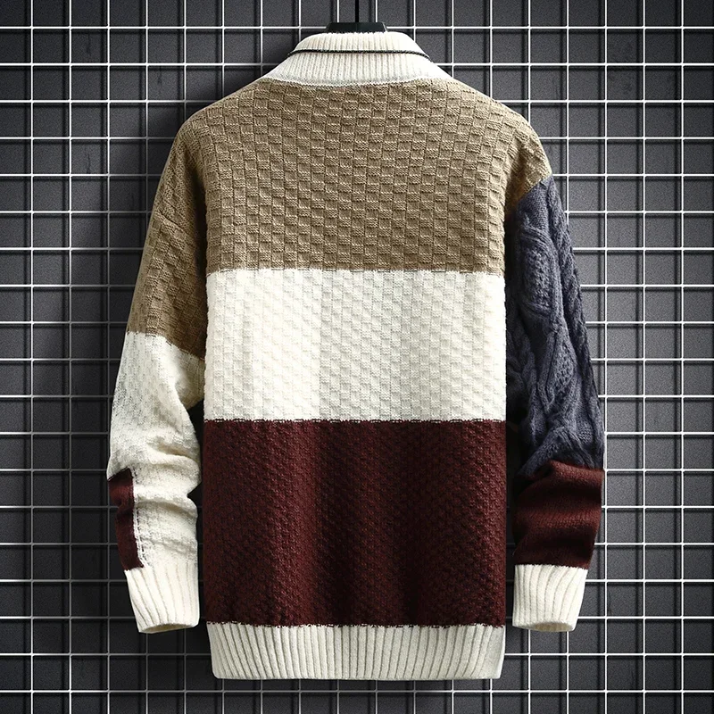 Autumn Winter Men Warm Top Sweater New Casual Patchwork Color Matching Pullover Round Neck Sweater Male Fashion Knitted Clothing