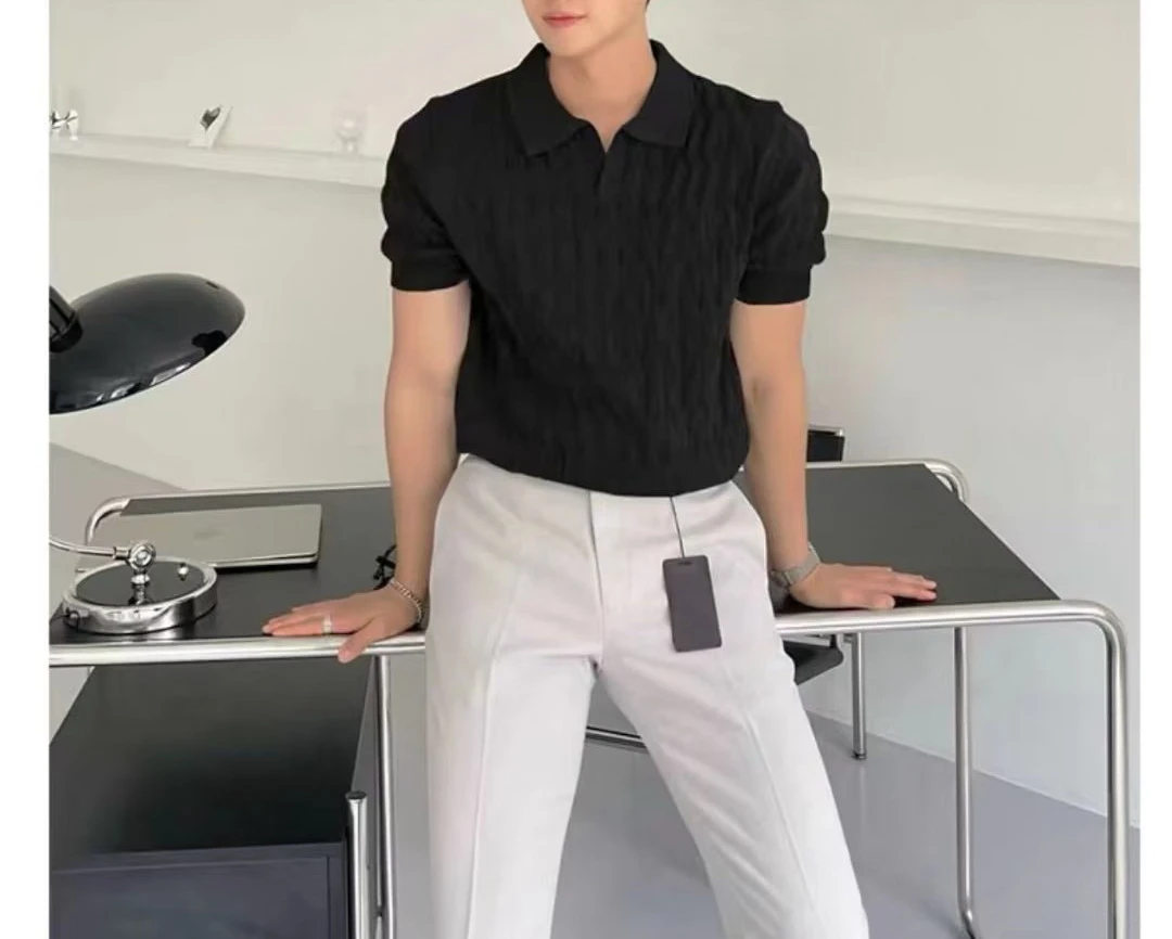Summer Men's Knitted Short-sleeved Polo Shirt Slim Solid Color Ice Silk Lapel T-shirt