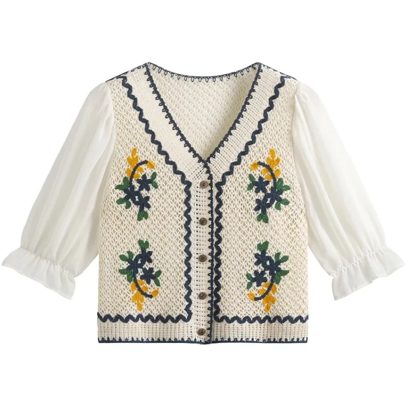 Top de crochê feminino bordado floral botão blusa de malha aberta cardigan adolescente primavera verão boho roupa de férias
