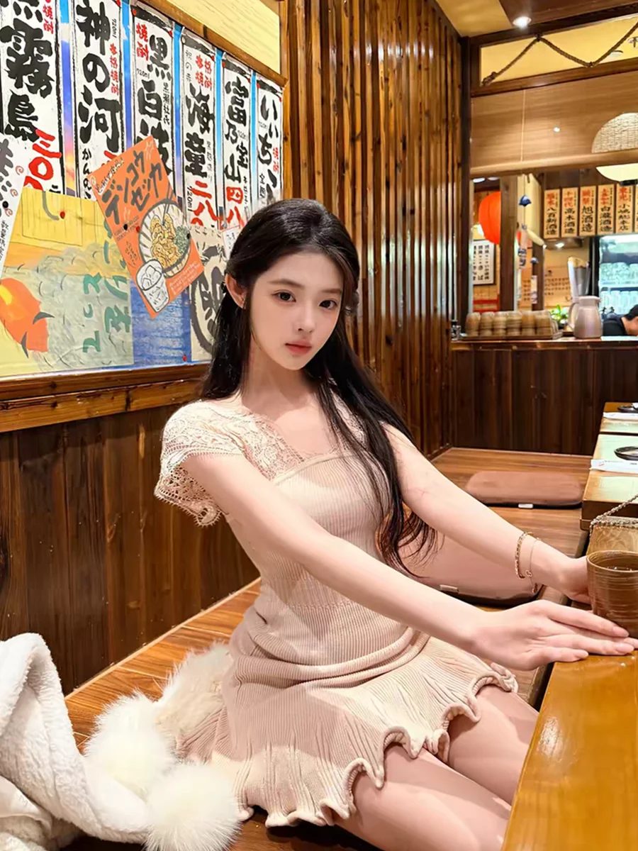 Pure Desire Sexy Lace Splice V-neck Dress Women's Spring Summer Slim Fit Waist-cinching Hollow out Short Skirt