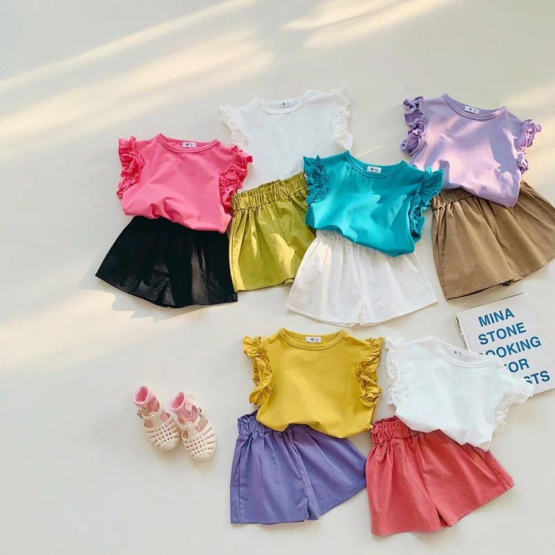 Girls' Summer Flounced Sleeve Short Sleeve T-shirt with Bud Shaped Waist Shorts Candy Color Fresh Set