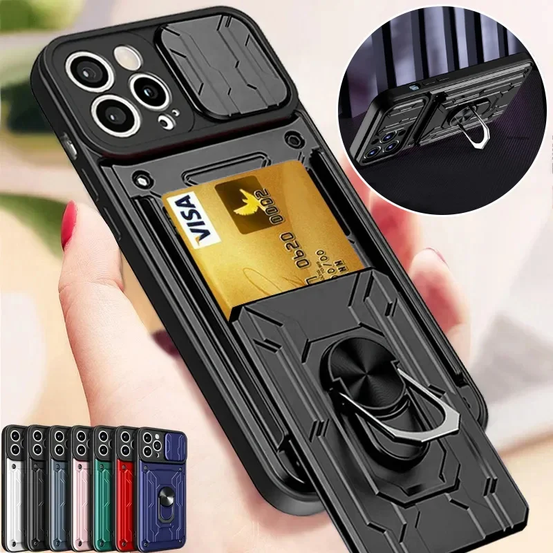 Luxury Shockproof Case For iPhone 16 Pro Max 15 14 13 12 11 XR X 8P SE2/SE3 Rotation Metal Ring Stand And Card Slot Back Cover