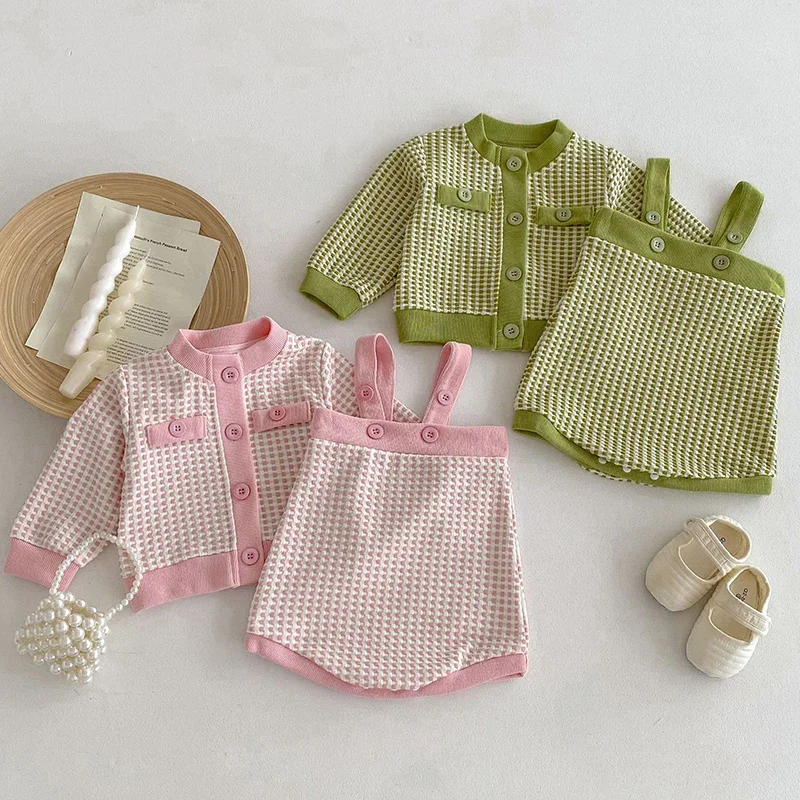 2024 New Autumn Newborn Baby Girls Clothing Set Long Sleeves Lattice Cardigan+Jumpsuit Toddler Baby Girl Clothes Suit