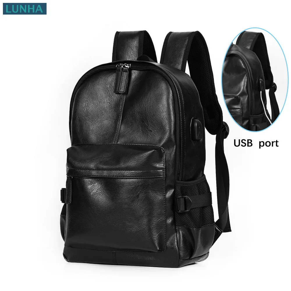 Men's Waterproof Casual PU Leather Backpack USB Extend Port Teenerger Students School Bag Daypack Black