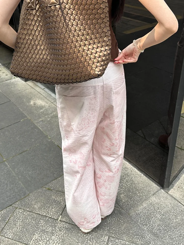 レトロアメリカンピンクヒョウ柄ゴールドエメッドカジュアルパンツ女性のスパイシーデザインワイドレッグフロアレングスパンツ