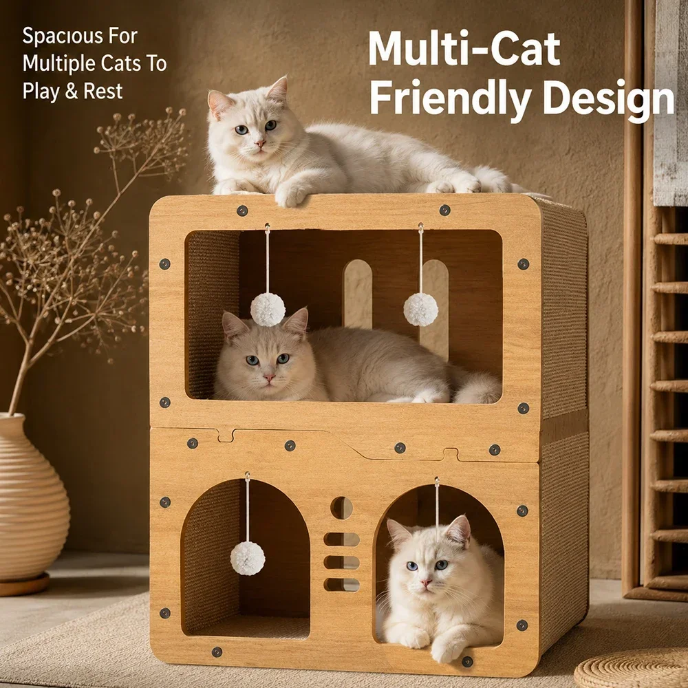 2-stöckiges Katzenkratzhaus 45x28x51cm im TV-Schrank-Stil, Wellpappe-Katzenbett, Höhlenmöbel-Schutz für Hauskatzen