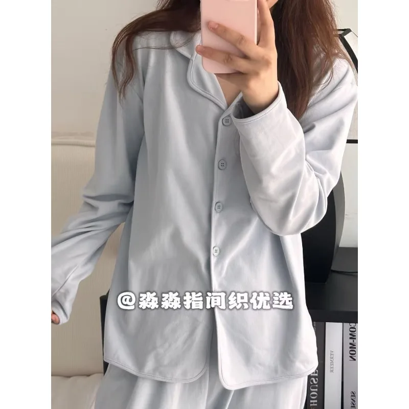 Sweet Women Autumn Double Sided Derun Pajamas Set Lapel Long Sleeve Student Casual Loungewear