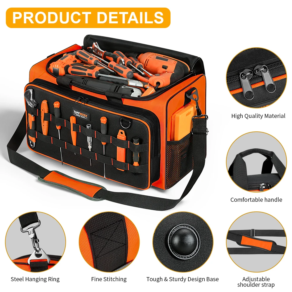 20-Inch Electrician Tool Bags for Men, Heavy Duty Tool Bag, Wide Mouth & Adjustable Shoulder Strap