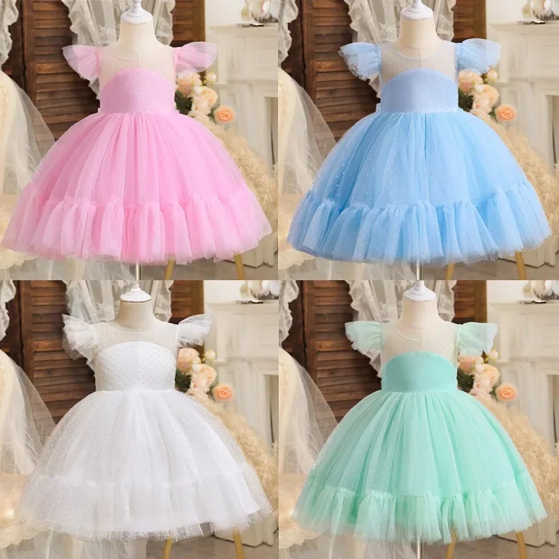 Toddler Tulle Dress for Flower Birthday Backless Bow Girls Gown Kids Party Wear Prince Pink Dresses Cute Baby Girl Bowknot Dress