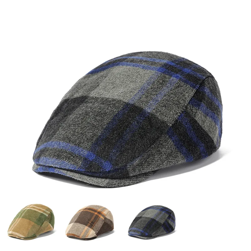 2023 Autumn Cotton Plaid Print Newsboy Caps Flat Peaked Cap Men and Women Painter Beret Hats 141