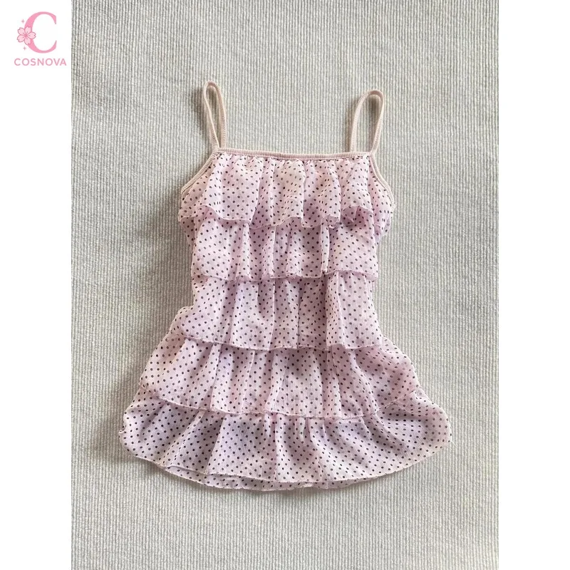 Korean Sweet Hot Spaghetti Strap Polka Dot Mini Dress Women Ruffle Mini Dress Soft Girl Style Daily Beach Party Casual Clothes