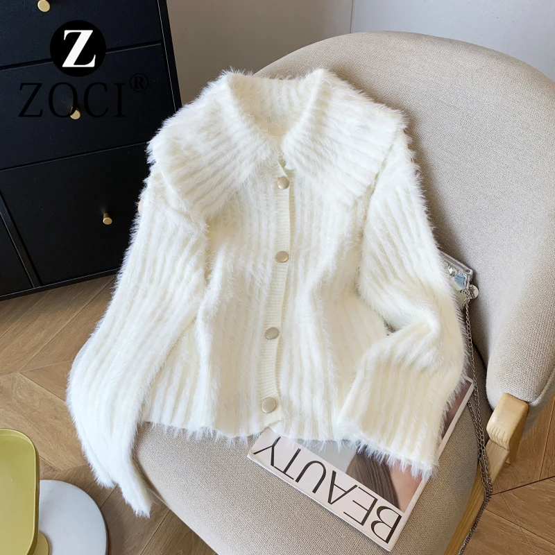 [ZOCI] Western Wool Doll Collar Cardigan Knitted Jacket Autumn Winter Style Soft Sticky Thick