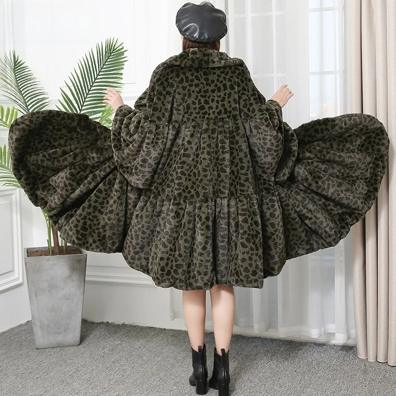 

Nerazzurri Station Women's Faux Fur Coat Leopard Print Batwing Sve Oversized Autumn Winter Faion ow Sle Loose Fit