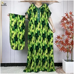 2024 Newest Abayas For Women African Dashiki Printed Short Sleeve Cotton Loose Summer Femme Robe Dubai Islam Dresses With Scarf