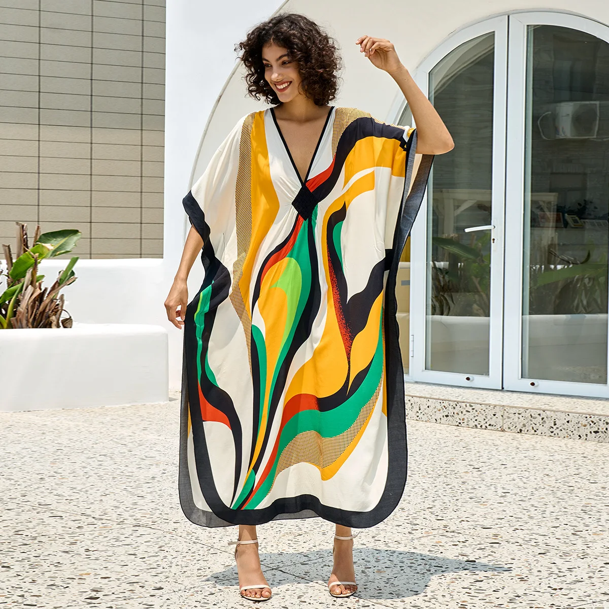 2024 Gezellige Plus Size Handgebreide V-Hals Vleermuis Mouw Side Split Kaftan Vrouwen Zomer Kleding Boho Strandkleding Badpak Cover Up