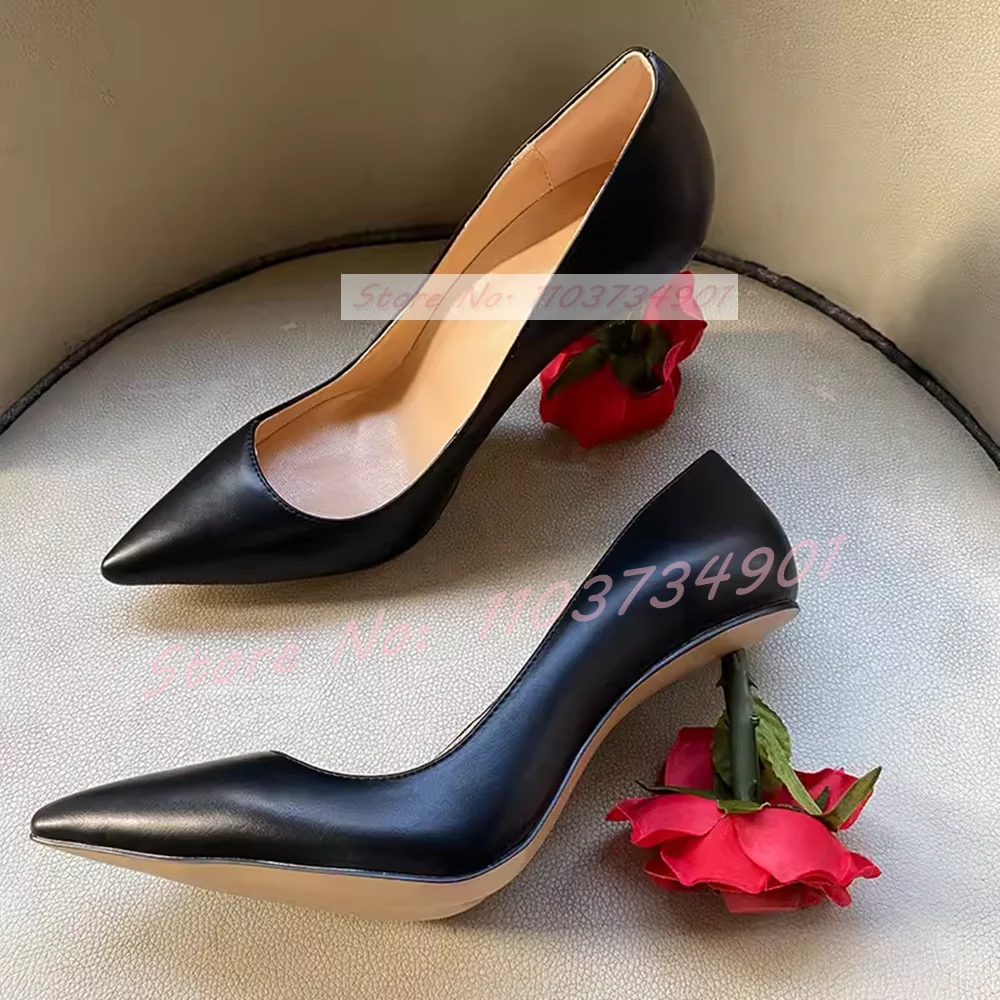 Rose Heel Floral Classy Pointed Toe Pumps Women Sexy Patent Leather Strange Style Heels Shoes Ladies Fashion Nifty Flock Pumps