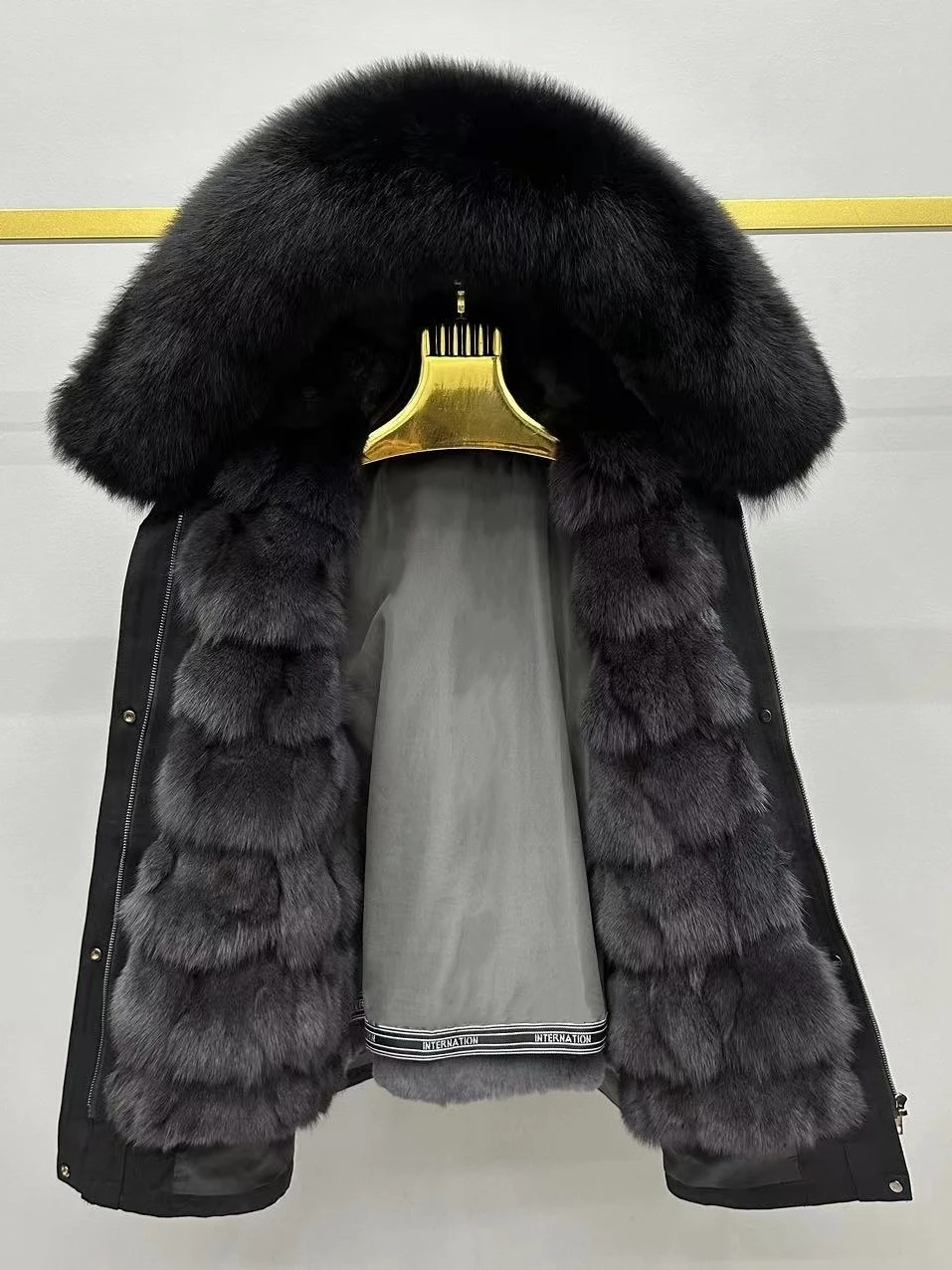 Parka Giacca da donna Cappotto di pelliccia con abbottonatura Coniglio Interno staccabile Cappotto con collo in pelliccia di volpe integrato Giacca invernale da donna Cappotto in pelliccia sintetica