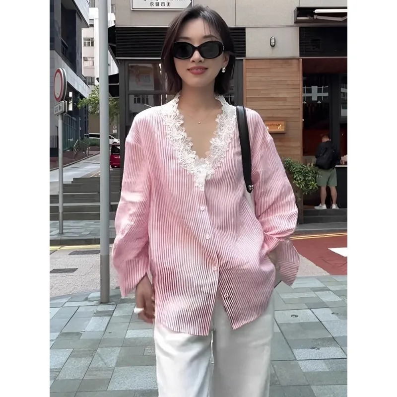 

French Lace Splicing Long-sleeved Shirt Women's New Summer Striped Temperament Loose Sun Top