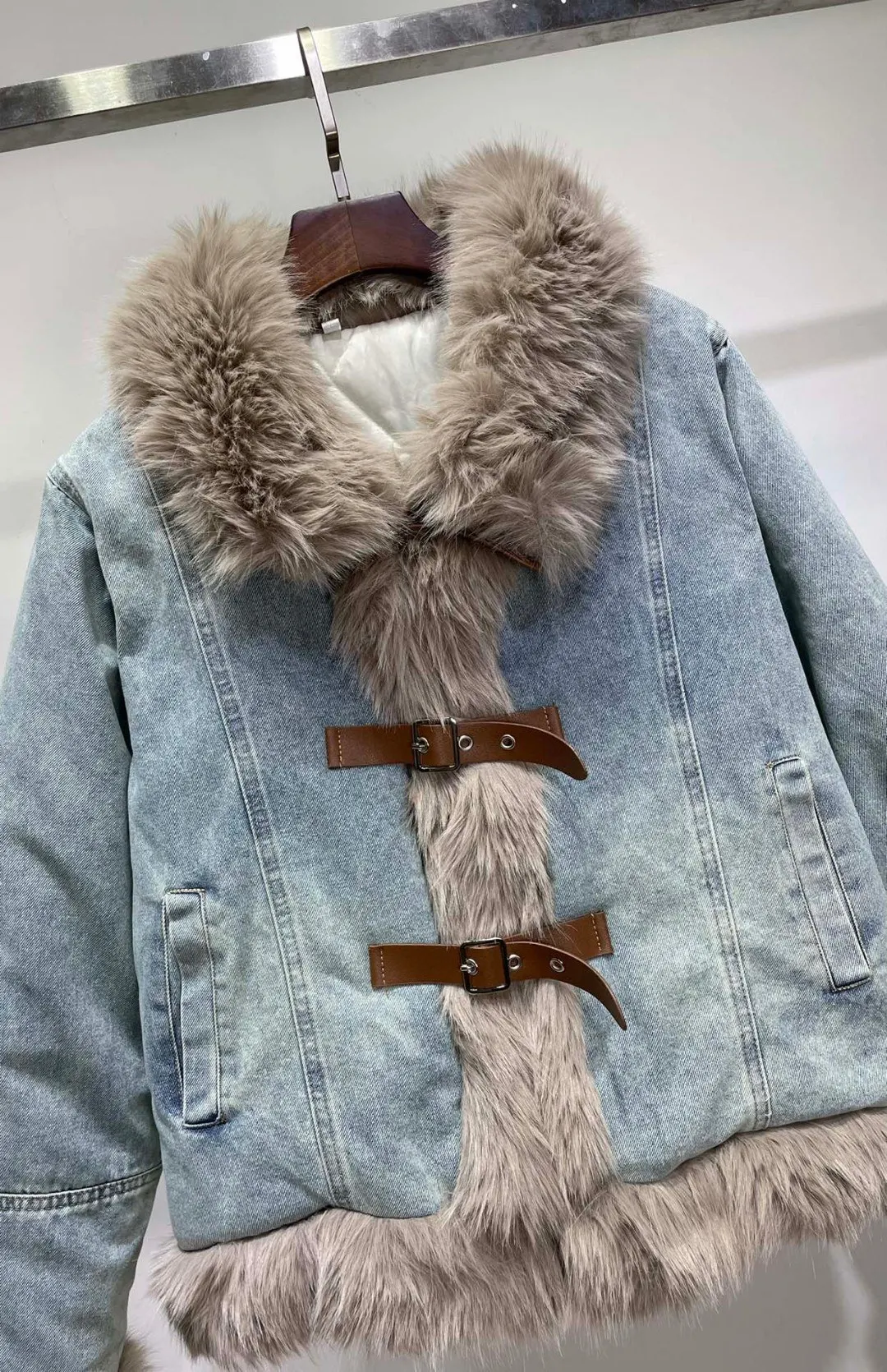 Rex rabbit wool spliced denim jacket with cotton clip