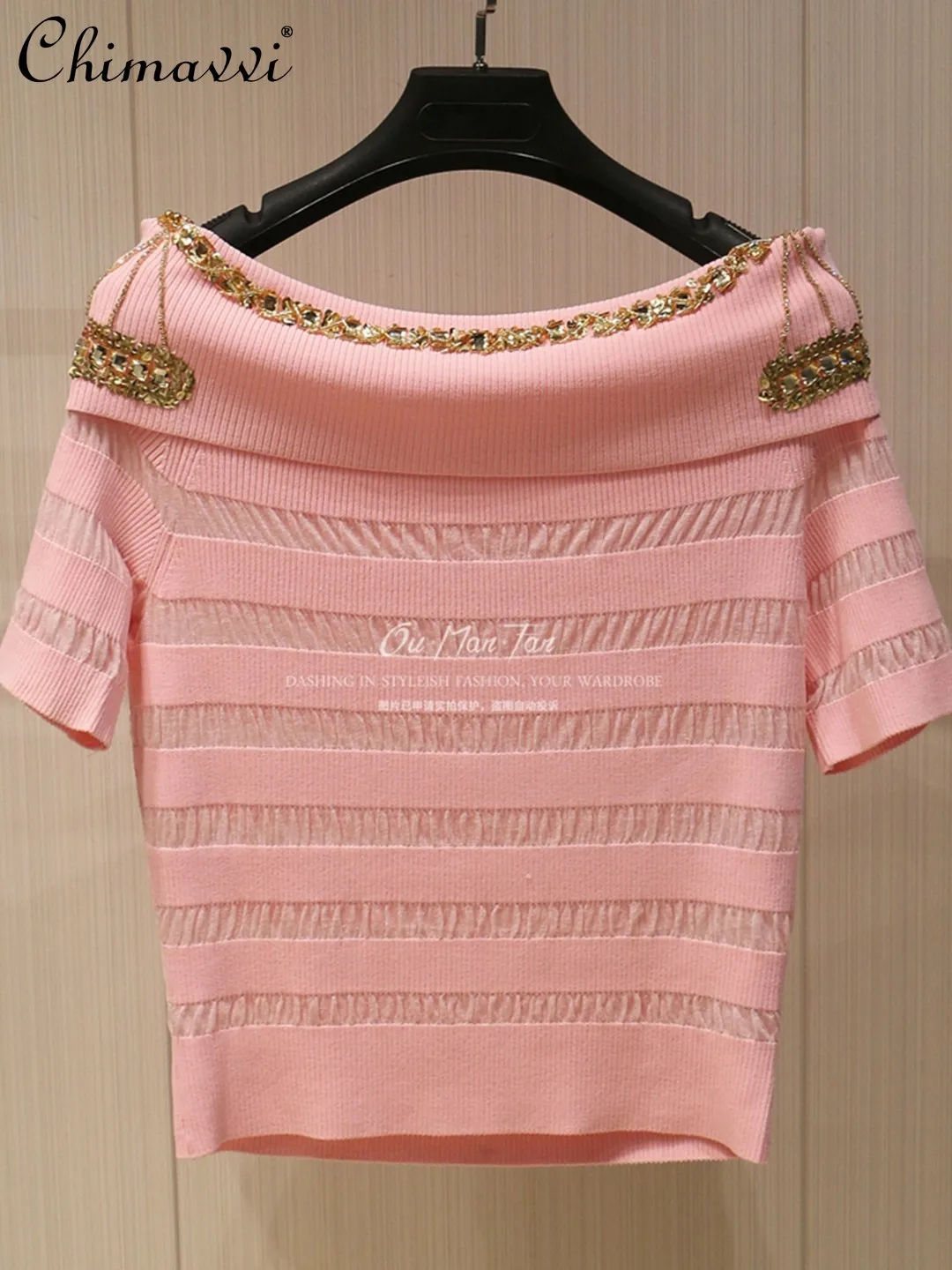 

Heavy Beaded Off-the-shoulder Knit Top for Women Short-sleeved Slim-fit Black Elegant Pullovers New 2026 Summer Clothes