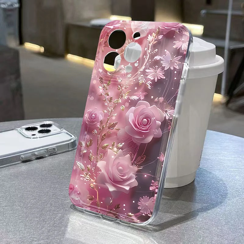 

Flower Creative Pink Rose Silicone Protective Phone Case For iPhone 17 16 15 14 13 12 11 Pro Max XS X XR 7 8 Plus 16E Air Cover
