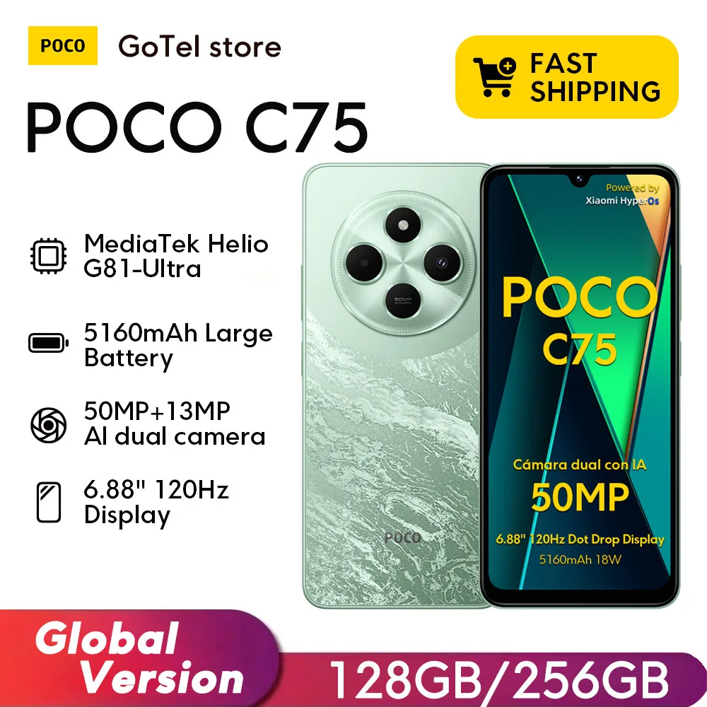 POCO C75 6,88 дюйма, 120 Гц, Helio G81-Ultra, 50 МП, двойная камера, массивная глобальная версия, аккумулятор 5160 мАч, NFC, 18 Вт, быстрая зарядка